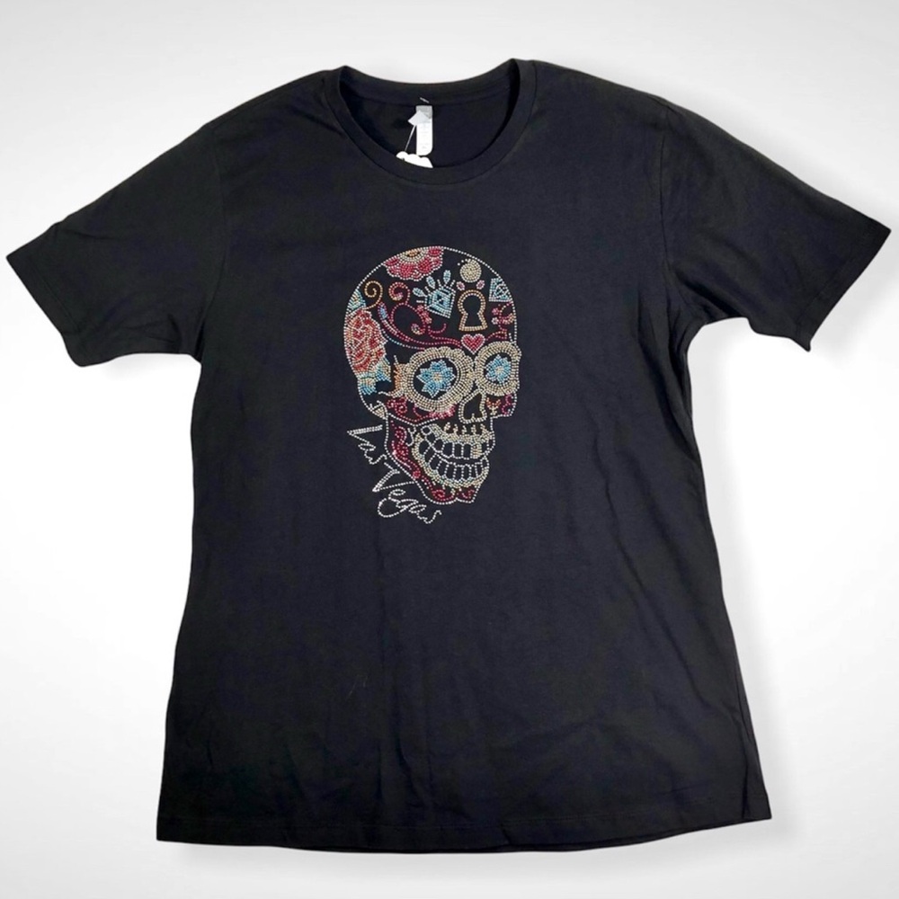 Cotton Heritage Las Vegas  Sugar Skull Black Embroidered T-shirt Women Size XL!